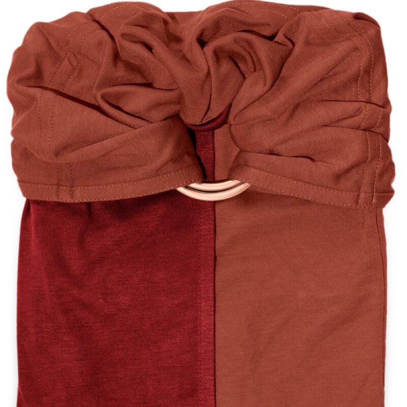 Love Radius reversible sling in red and tan, front view with knot tied