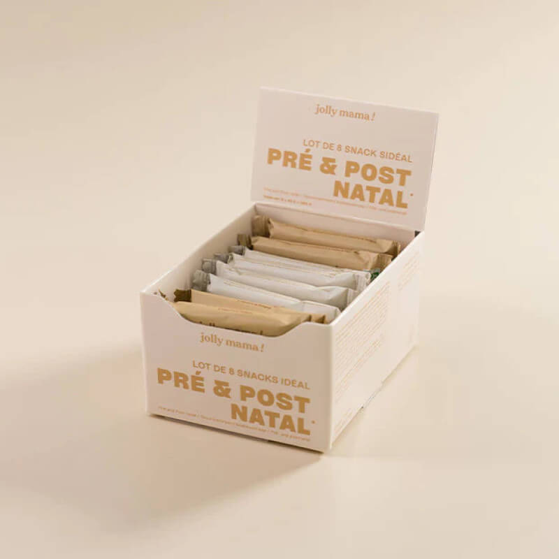 Jolly Mama Pre and Post Natal discovery box open, showing 8 snack packets