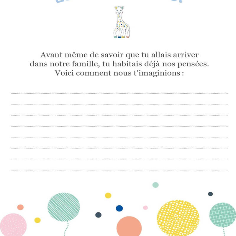 Marabout Dagboek van mijn baby met Sophie de Giraf, titelpagina met gekleurde bloemen