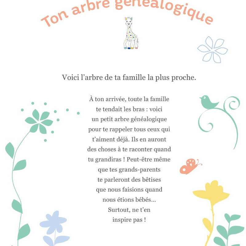 Babydagboek Marabout met Sophie La Girafe, geïllustreerde pagina's, familiegeschiedenis
