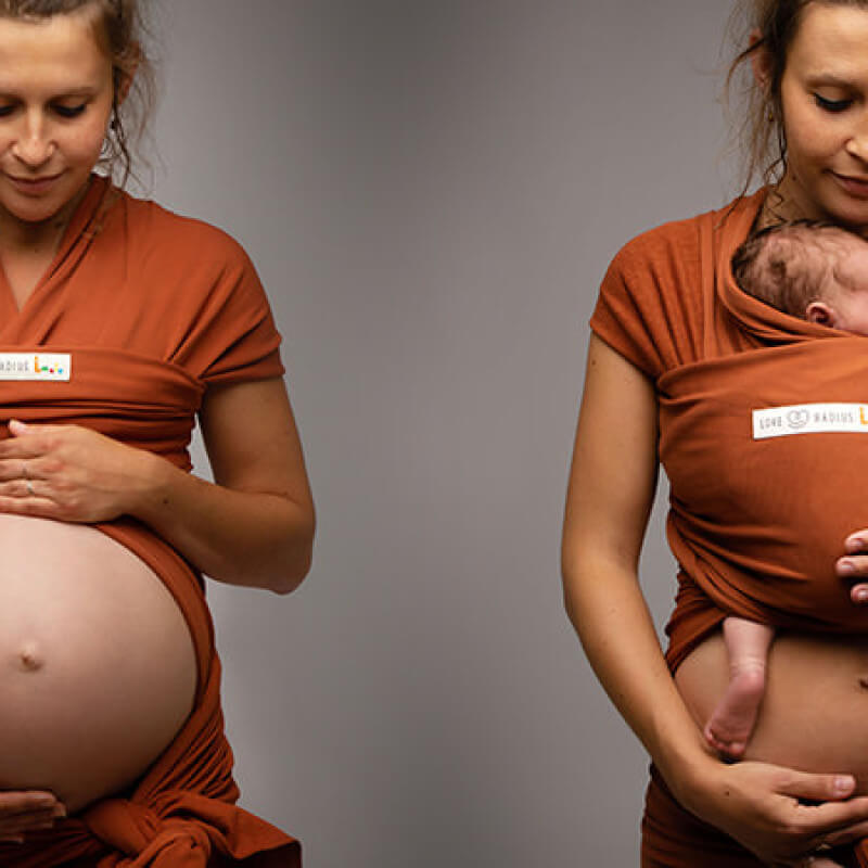 Écharpe portage Love Radius BASIC fauve, femme enceinte et avec bébé