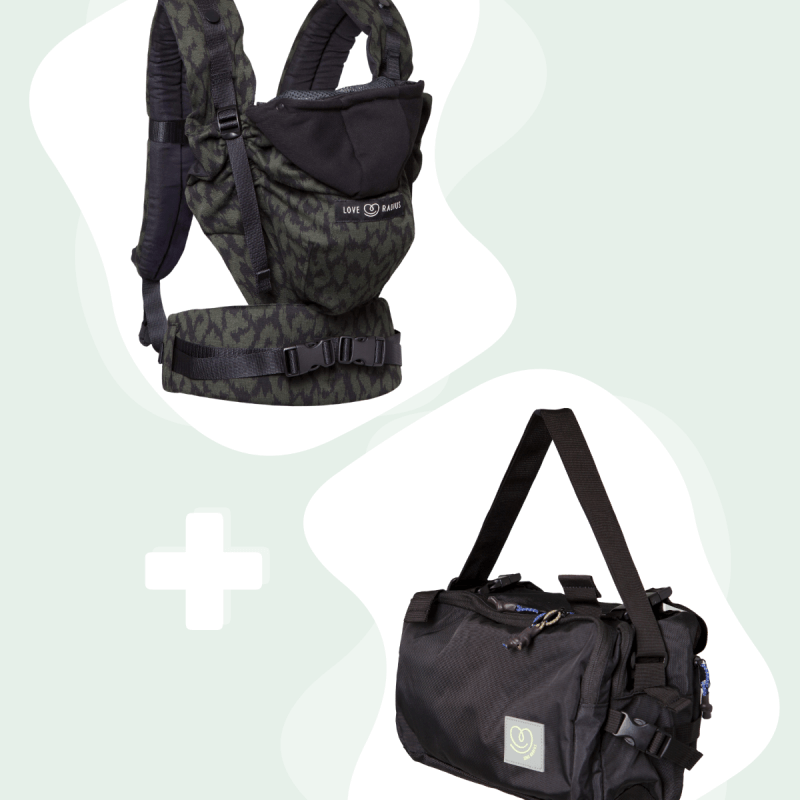 Love Radius portabebés HoodieCarrier Wildcamo y bolsa CaravanBAG negra, vista frontal del pack completo