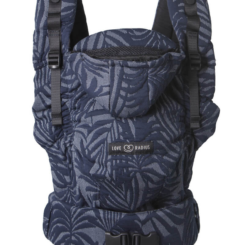 Marsupio Love Radius HoodieCarrier 2 tropical dark vista frontale, motivo zebrato blu marino