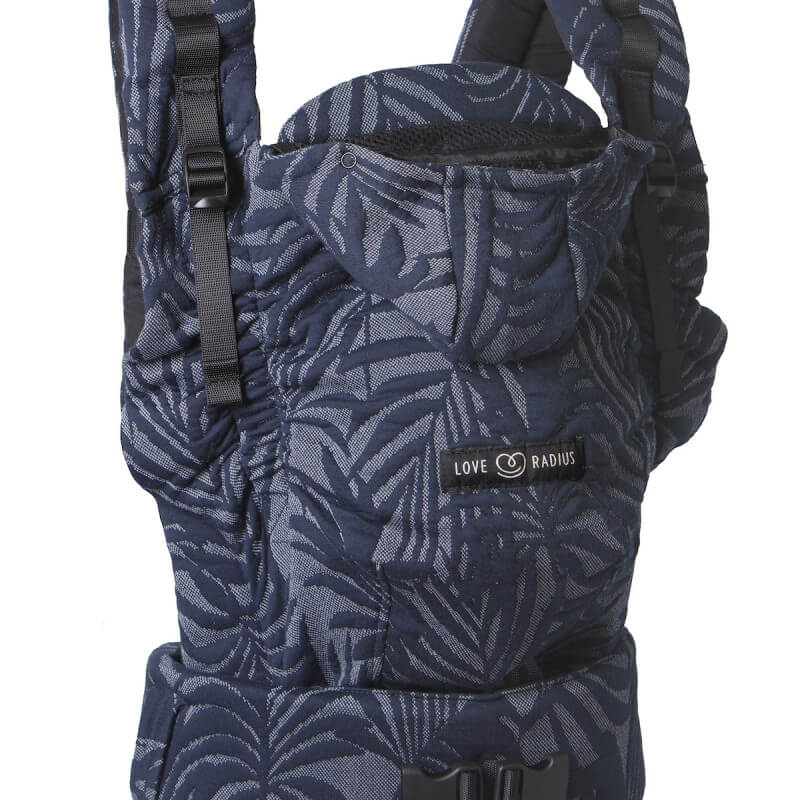 Marsupio HoodieCarrier 2 Love Radius motivo tropicale blu navy vista frontale