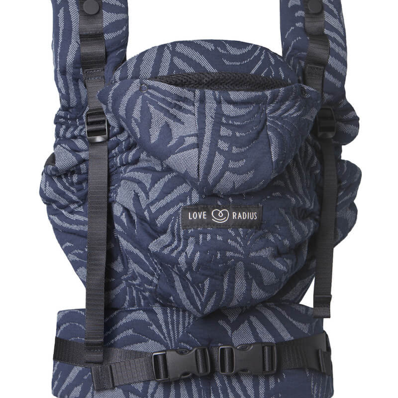 Marsupio Love Radius HoodieCarrier 2 motivo tropicale blu navy, vista frontale completa