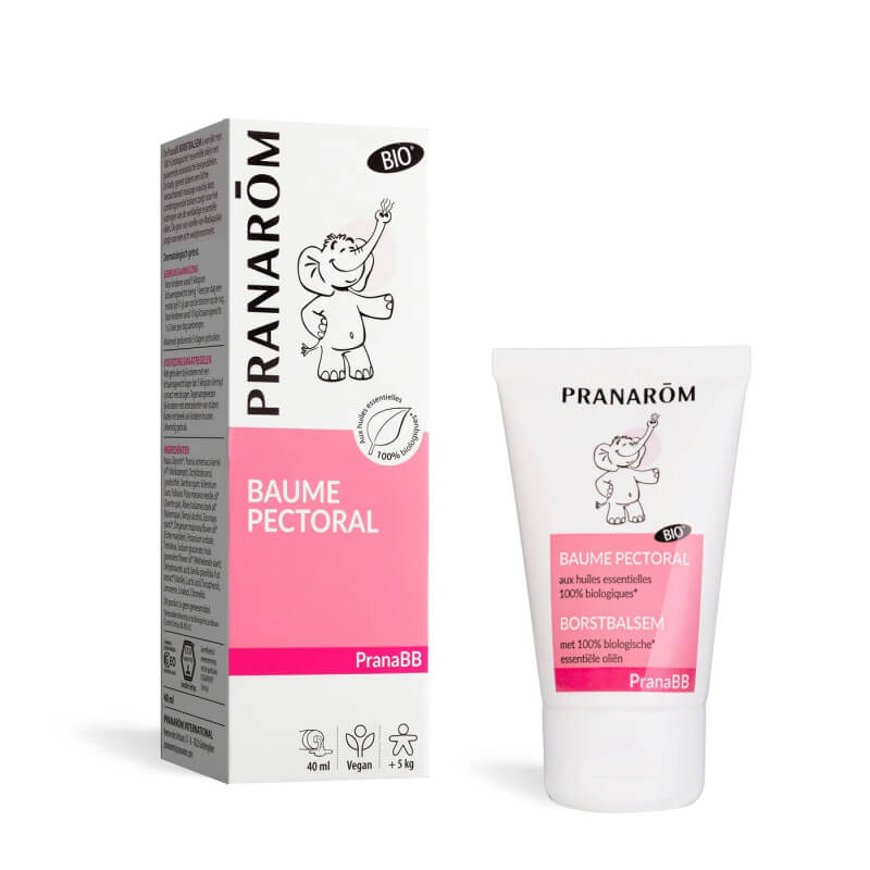 Pranarôm PranaBB Bálsamo pectoral ecológico con caja de cartón y tubo, vista frontal