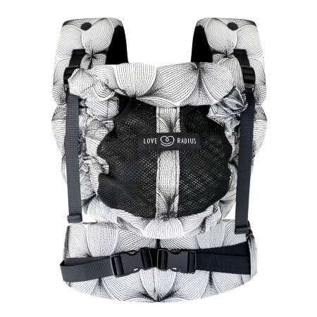 Mochila portabebés PhysioCarrier 2 BLACK ORCHID Portabebés Love Radius PhysioCarrier 2 Black Orchid vista frontal con patrón floral