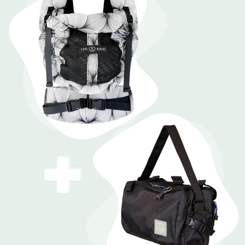 Love Radius pack portabebé PhysioCarrier 2 y bolsa CaravanBAG, vista frontal y detalle