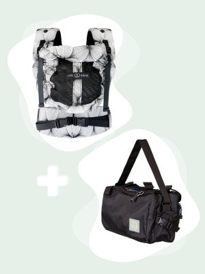 PhysioCarrier 2 BLACK ORCHID Baby Carrier Pack + CaravanBAG Love Radius PhysioCarrier 2 BLACK ORCHID baby carrier and CaravanBAG, front view and detail