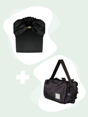 No Knot Little Wrap Black + CaravanBAG Black Pack Love Radius ETSN Black knot with black CaravanBAG front view pack