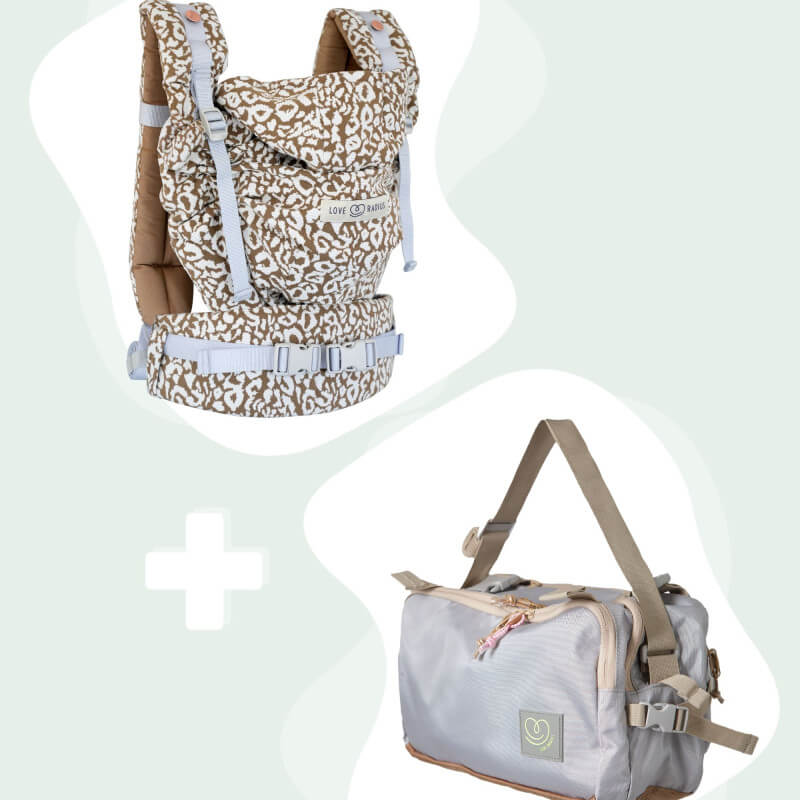 Pack de portabebés Love Radius HoodieCarrier 2 y bolsa CaravanBAG a juego vista frontal