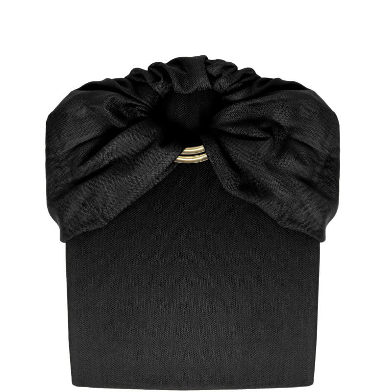 Love Radius black sling carrier scarf viewed from front with knot detail