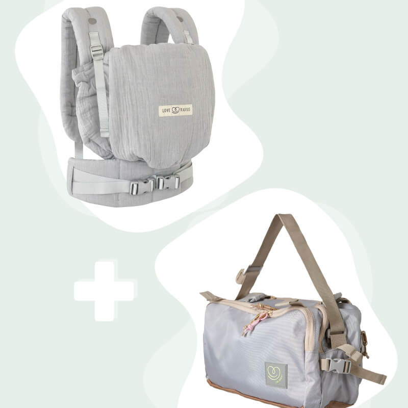 Love Radius portabebés PhysioCarrier gris con bolsa de cambio a juego, vista frontal completa