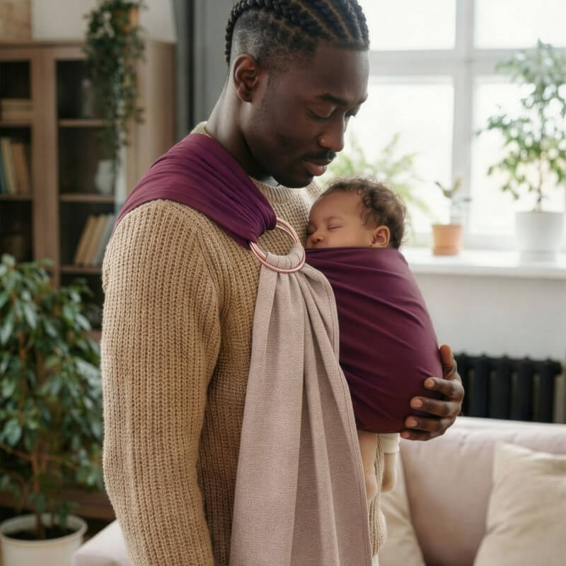 Love Radius Sling reversibel feige latte als Tragetuch von einem Vater mit schlafendem Baby getragen