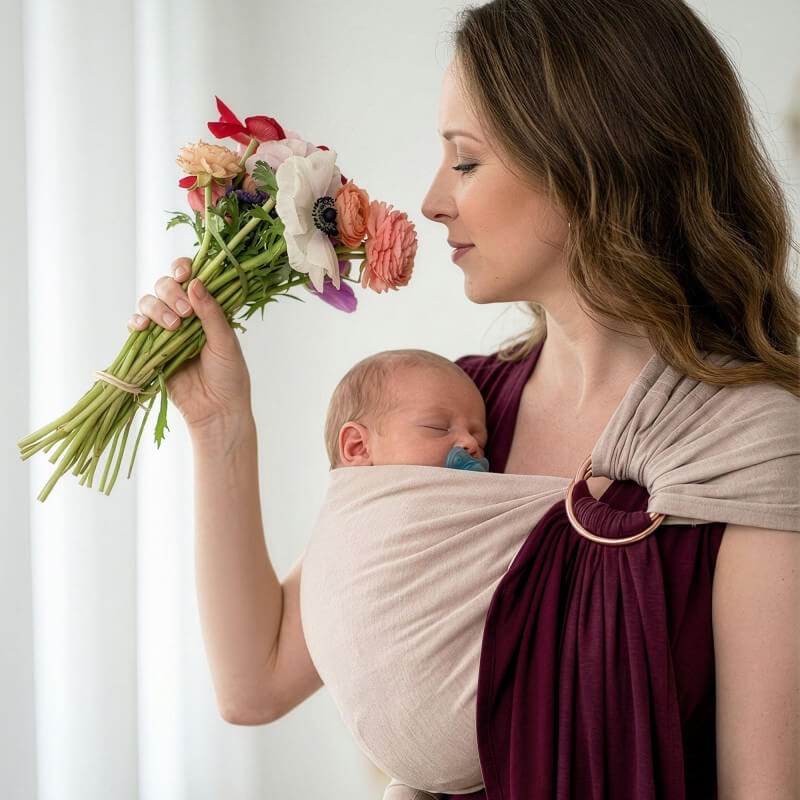 Mutter trägt schlafendes Baby in Love Radius Sling reversibel Feige Latte, hält bunten Blumenstrauß