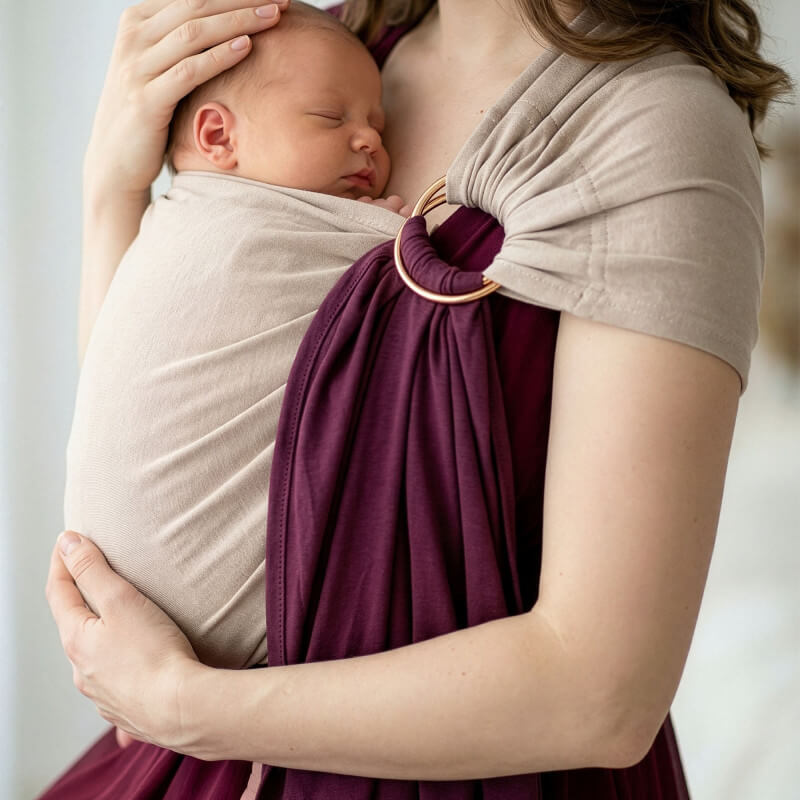 Mutter trägt schlafendes Baby in Love Radius Sling Tragetuch Feige Latte reversibel
