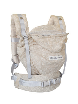 Marsupio HoodieCarrier 2 - Fleur de Lin Marsupio HoodieCarrier 2 Love Radius beige a fiori, vista frontale con cappuccio ripiegato