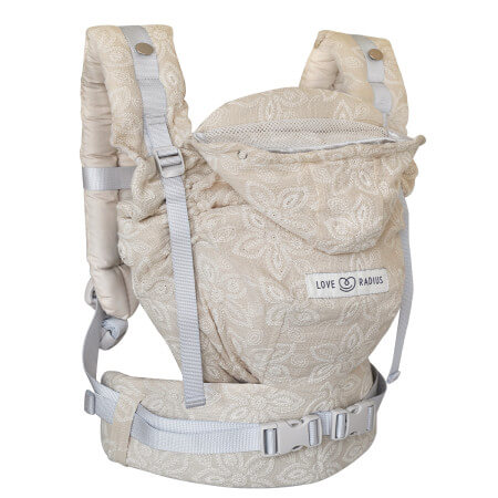 Portabebés HoodieCarrier 2 - Fleur de Lin Portabebé HoodieCarrier 2 Love Radius beige con patrón floral, vista frontal con capucha plegada