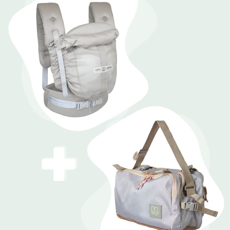 Love Radius portabebés PhysioCarrier 2 y bolsa CaravanBAG a juego, vista frontal