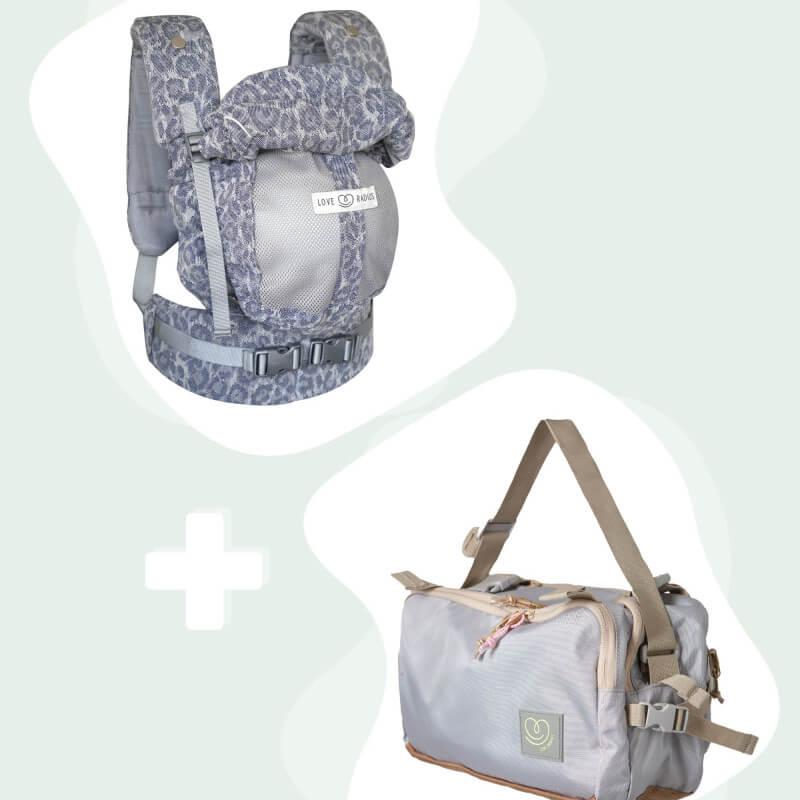 Pack Love Radius porte-bebé PhysioCarrier y bolsa CaravanBAG azul leopardo, vista frontal