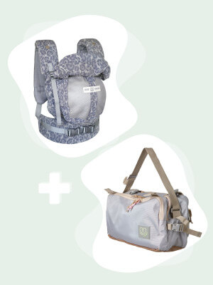 Zestaw nosidełka PhysioCarrier 2 Blue Leopard + CaravanBAG Zestaw Love Radius nosidło PhysioCarrier i torba CaravanBAG w niebieskim panterce, widok z przodu