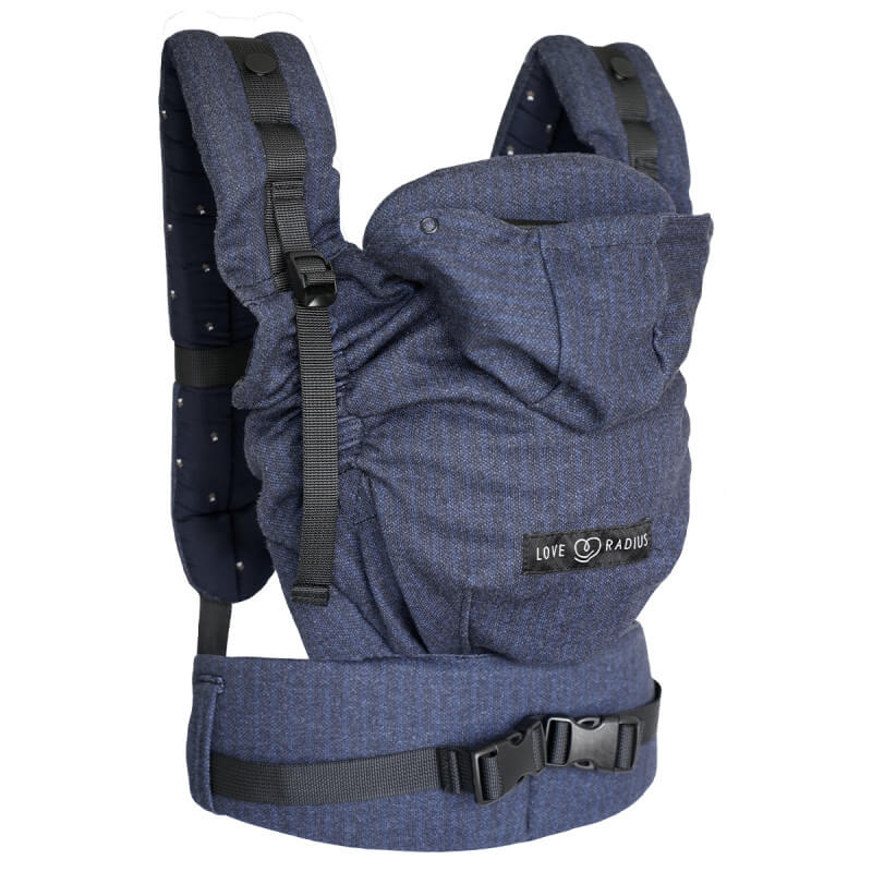 Porte-bébé Love Radius HoodieCarrier 2 Boyfriend bleu chiné, vue de face avec bretelles