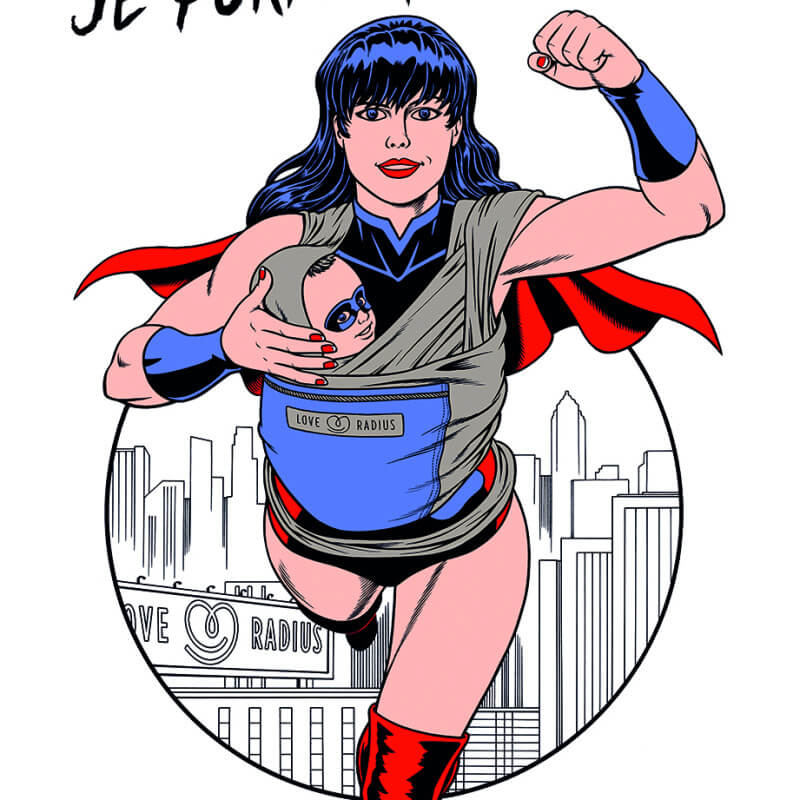 Love Radius Supermaman sticker superhero woman carrying baby on chest