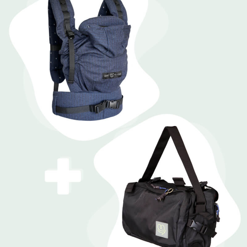 Love Radius marsupio HoodieCarrier 2 Boyfriend blu + borsa CaravanBAG nero vista frontale