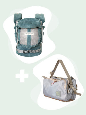 Pack portabebés PhysioCarrier 2 Velvet Blue + CaravanBAG Warm Silver Love Radius PhysioCarrier 2 Velvet Blue y CaravanBAG Warm Silver conjunto vista frontal