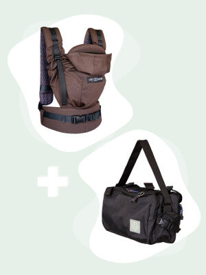 Pack porte-bébé HoodieCarrier 2 Wood + CaravanBAG Noir Porte-bébé Love Radius HoodieCarrier 2 marron et sac CaravanBAG noir, vue de profil